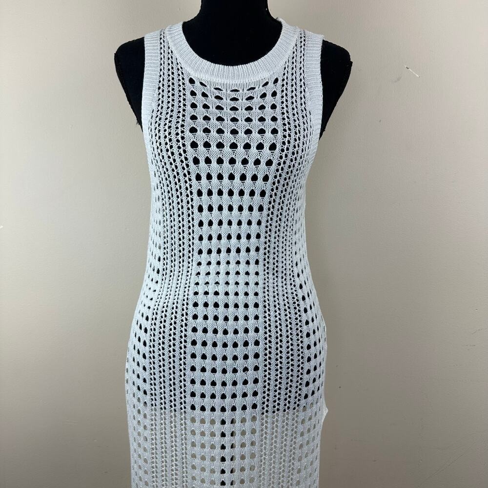 White Crochet Knit Maxi Dress Fishnet Slit Beach Cover Up Festival Resortwear OS